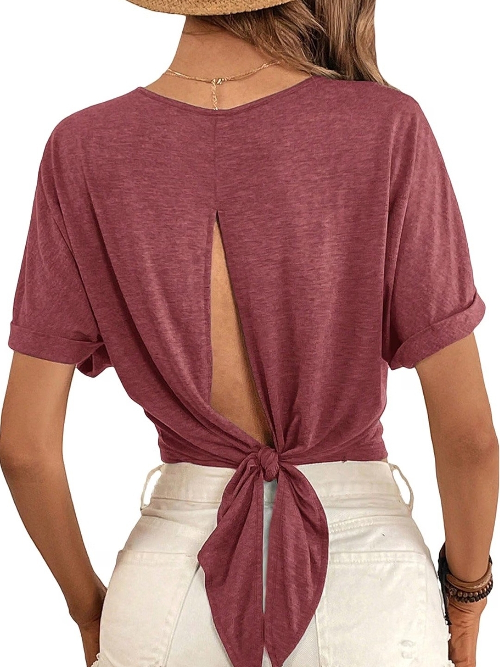 Verdusa Women's Open Back Top with Short Sleeves (Batwing sleeves) Tie back